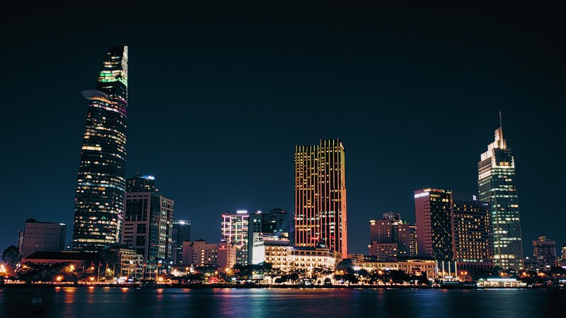Ho Chi Minh City skyline at night, District 1 and Landmark 81