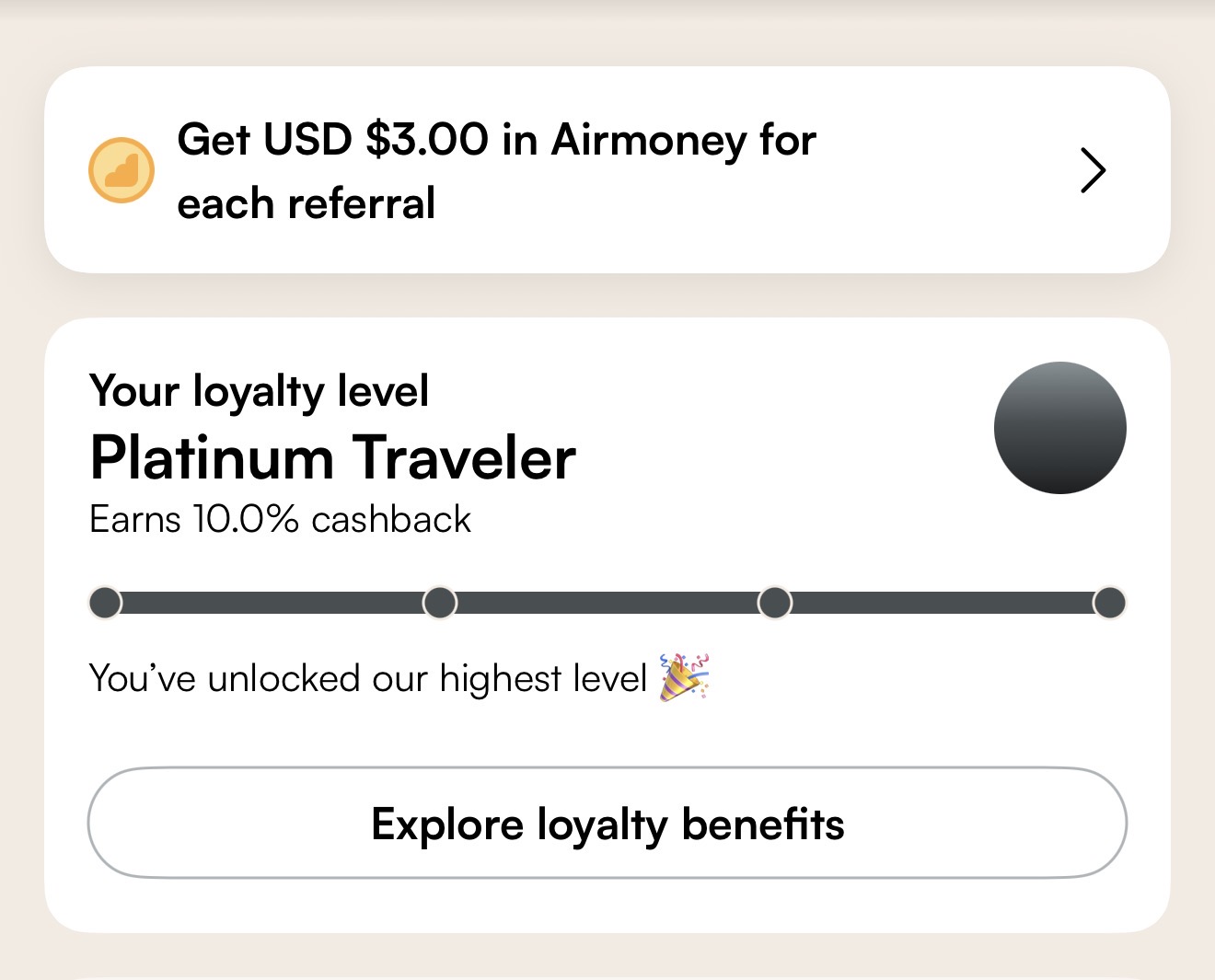 My own Airalo account showing Platinum Traveler status, 10% cashback