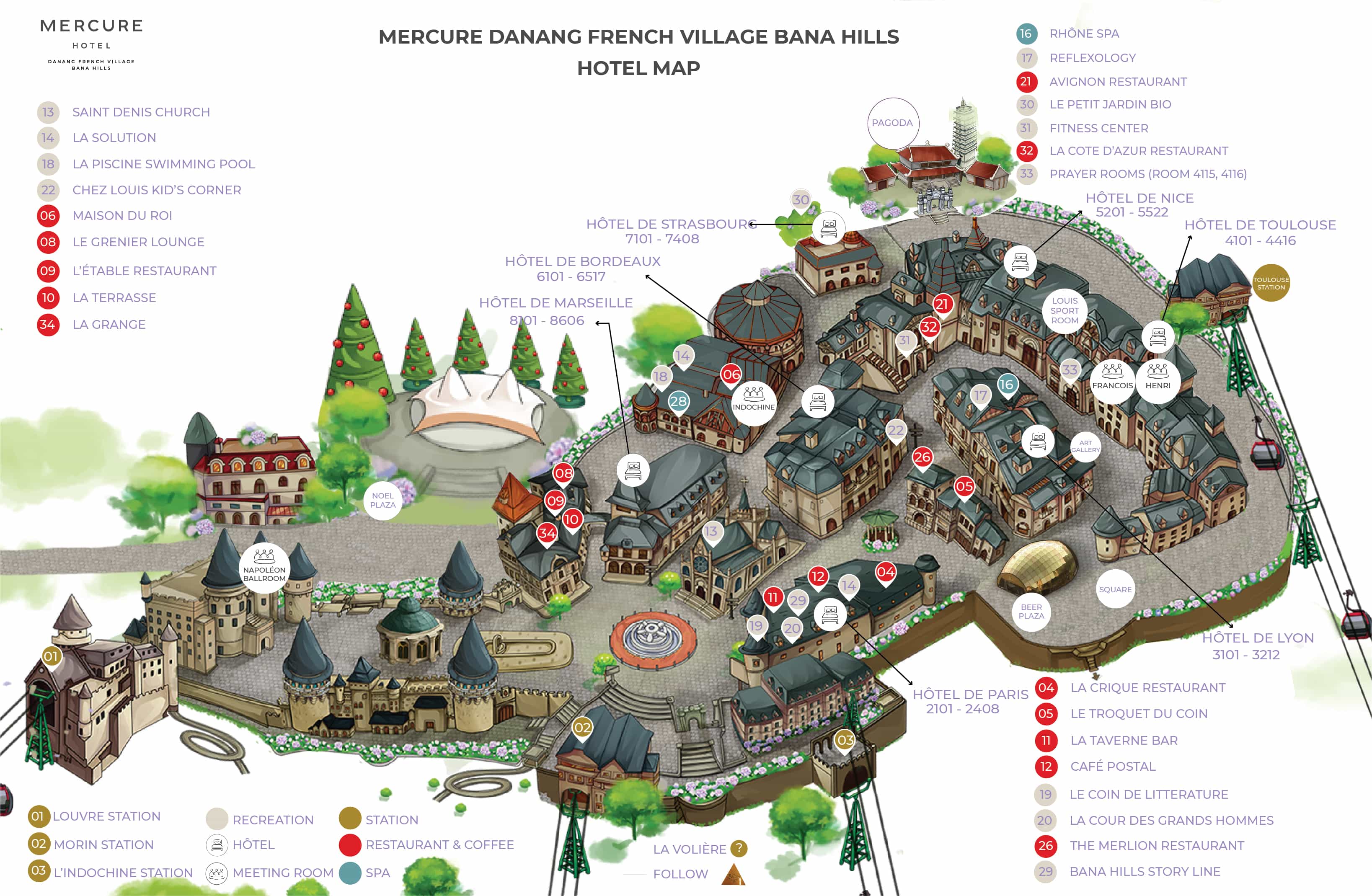 Ba Na Hills complex map showing cable car stations, Golden Bridge, French Village, and main attraction areas