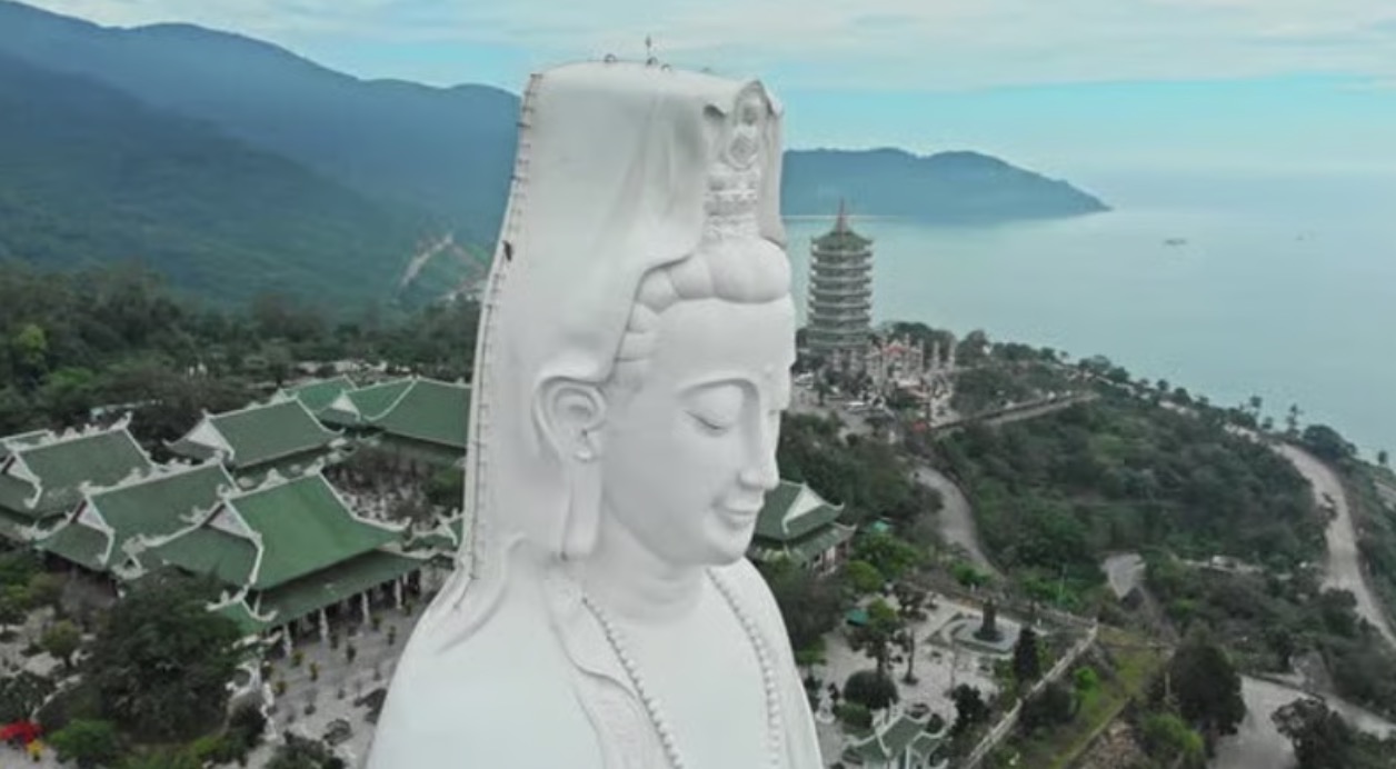 Son Tra Peninsula aerial view with Lady Buddha and coastline