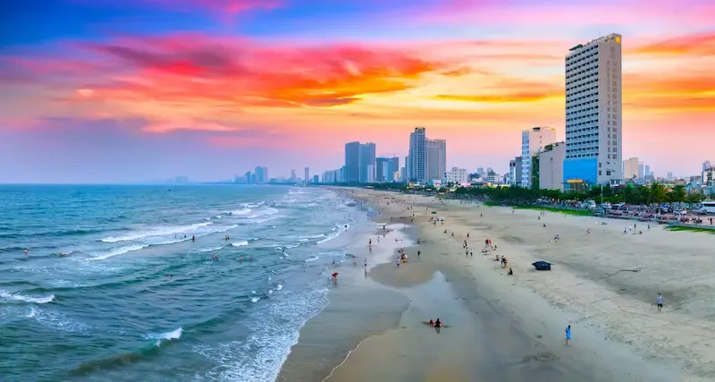 North My Khe Beach Da Nang aerial view looking inland at the city tower skyline