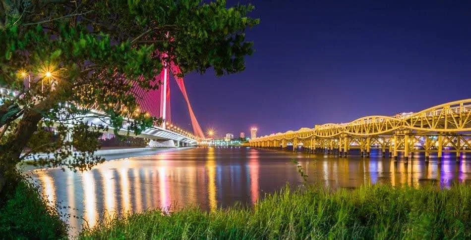 Da Nang city at night aerial — Tet festival season