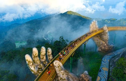 Ba Na Hills Golden Bridge Da Nang aerial view hands